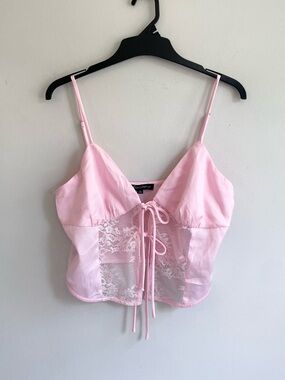 COTTON CANDY LIGHT PINK CAMISOLE TOP WHITE LACE DOUBLE TIE FRONT STRAPS
